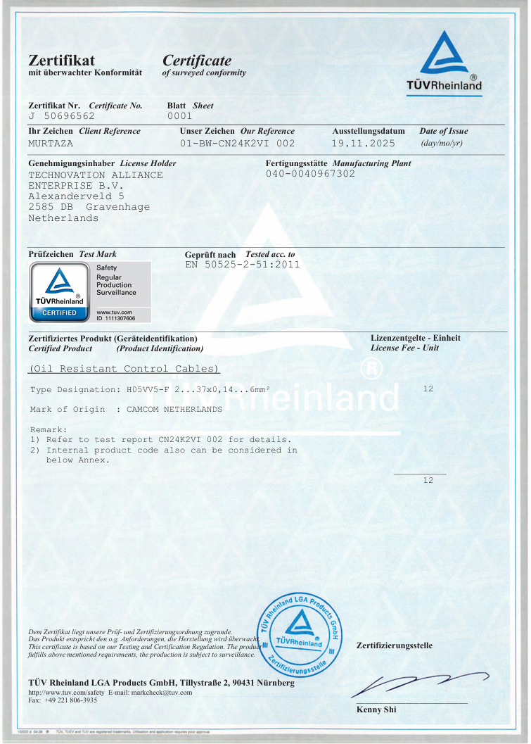 Certificate of Conformity – TÜV Rheinland (EN 50525-2-51:2011)