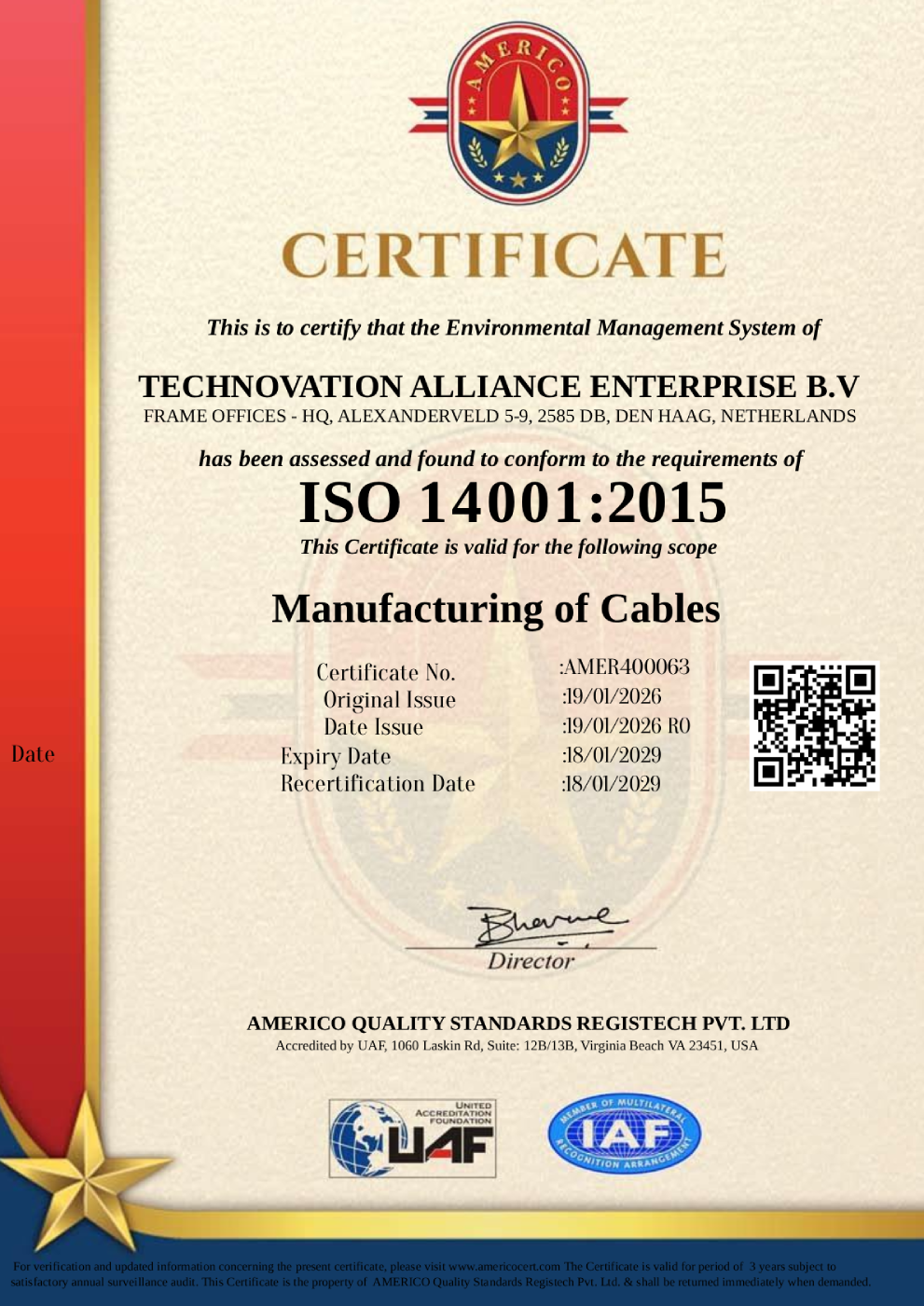 UAF Americo-ISO 45001 TECHNOVATION ALLIANCE ENTERPRISE B.V ORIGINALS