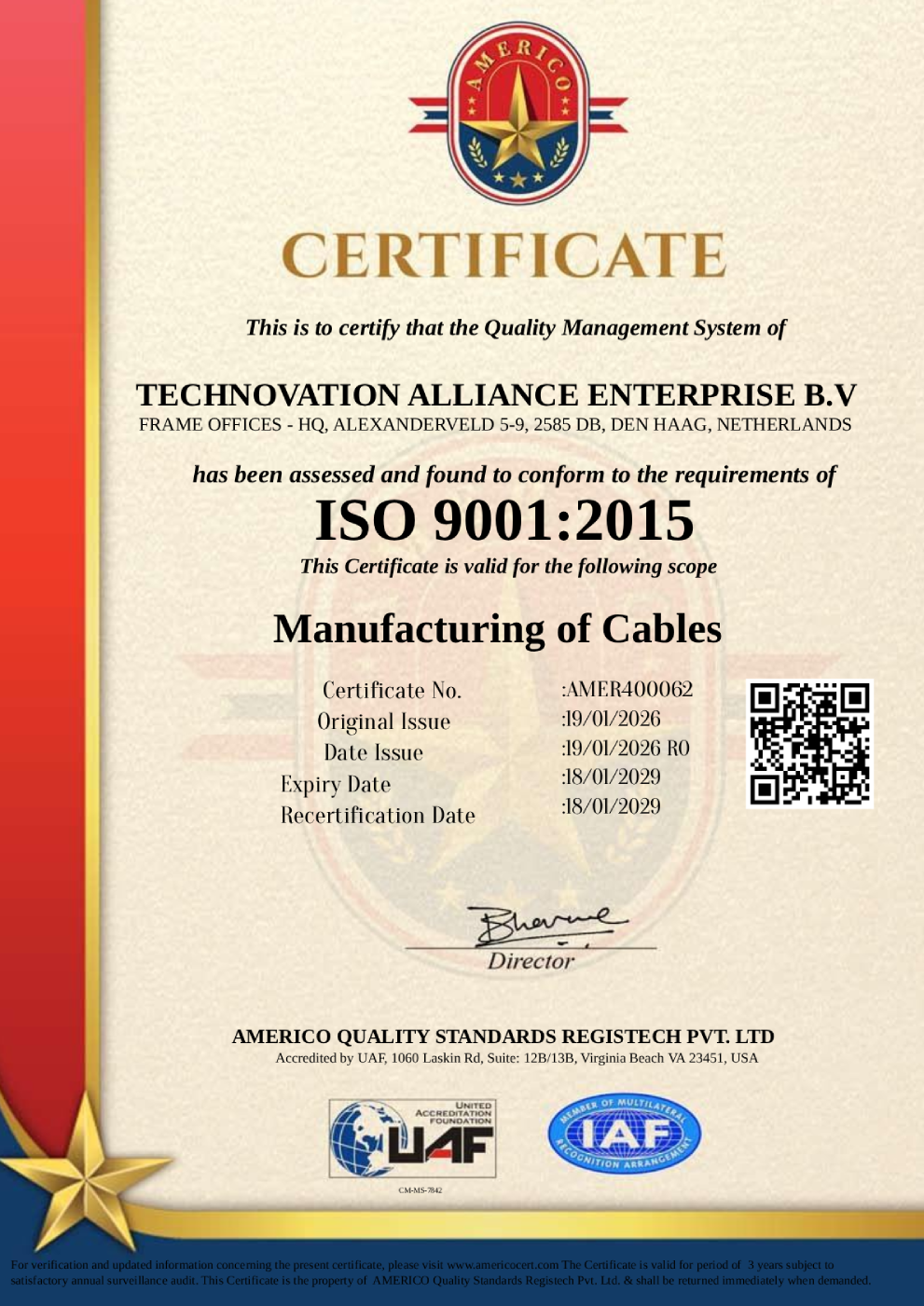UAF Americo-ISO 9001 TECHNOVATION ALLIANCE ENTERPRISE B.V ORIGINALS